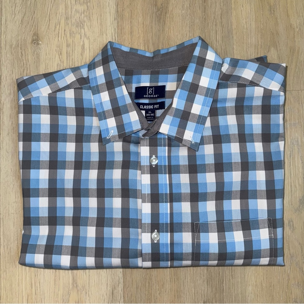 George Blue and Gray Plaid Casual Button Down Shirt